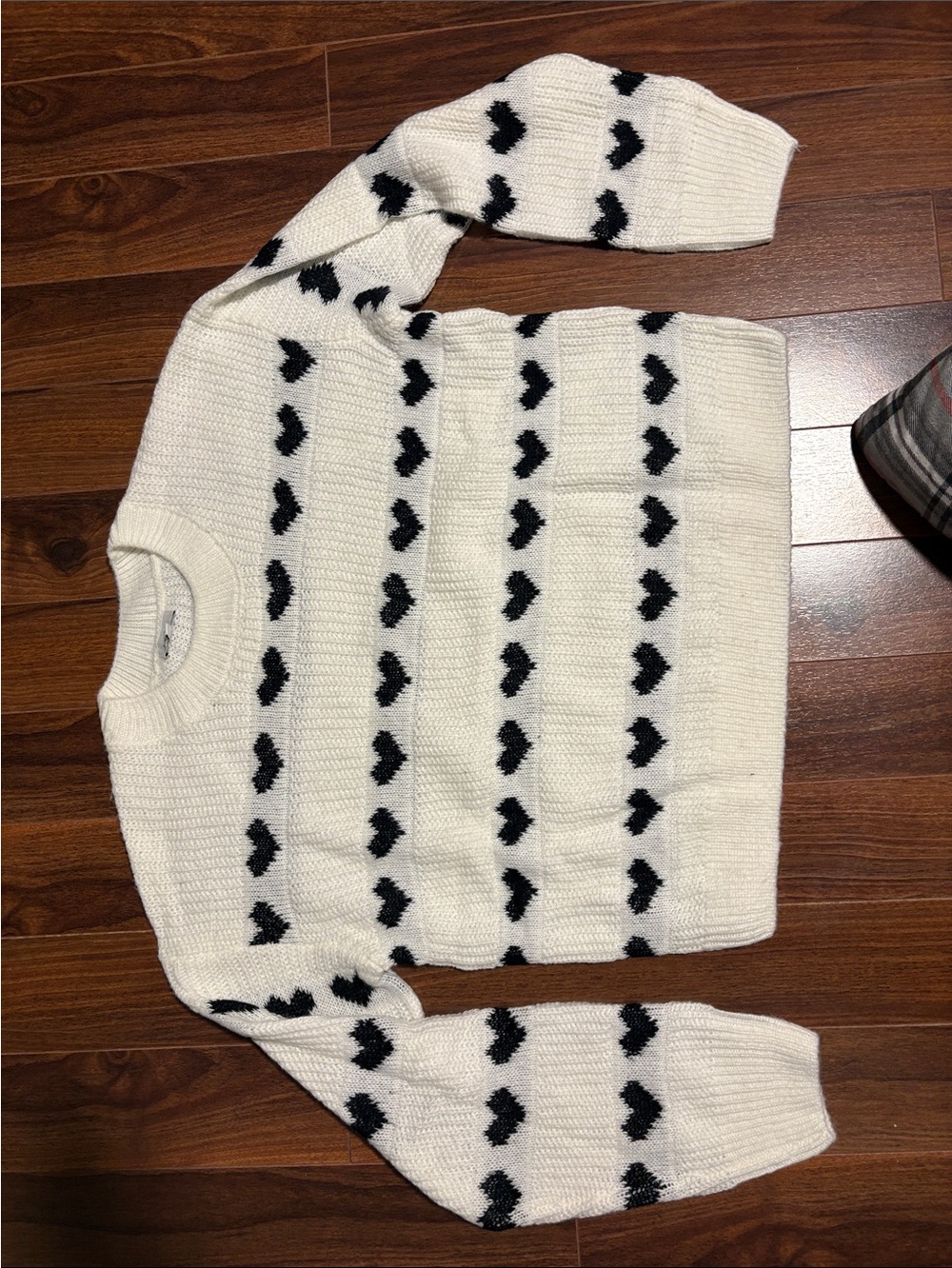 Women's Cream Crewneck Sweater with Black Heart Pattern